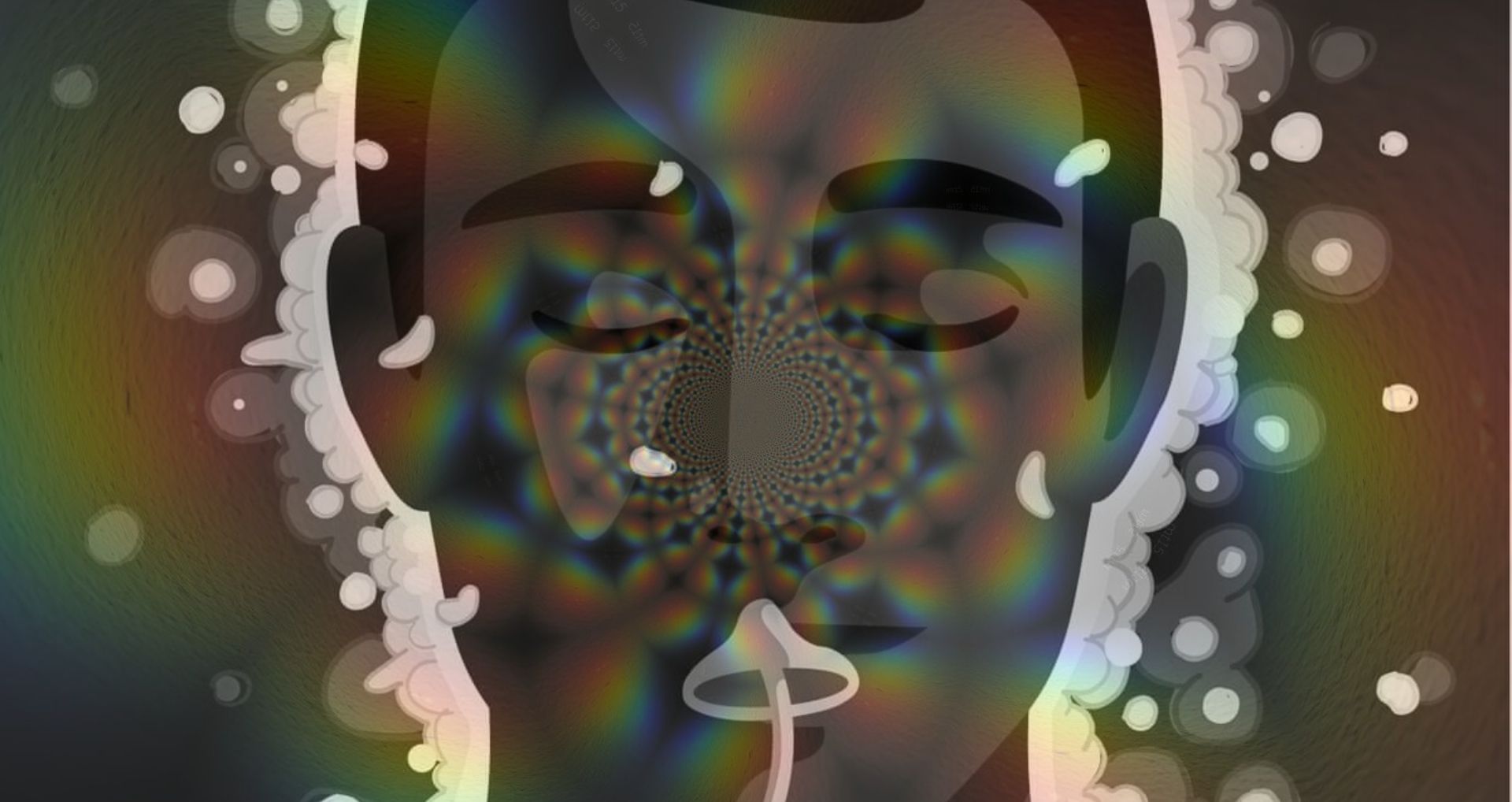 1st shroom trip article cover image. An overlay of psychadelic art over drawing of man's face with mushroom