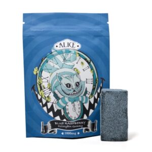 visualizes packaging for magic mushroom gummies, blue raspberry flavourby Alice