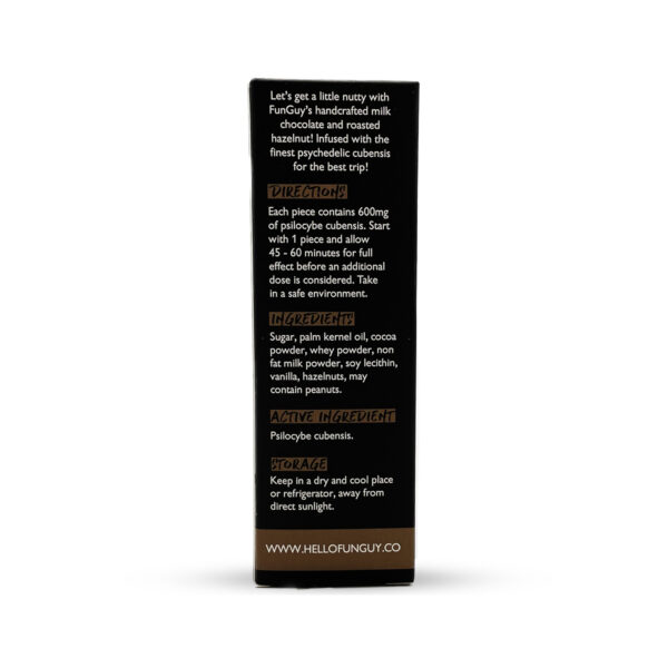 visualizes rear of packaging for hazelnut crunch magic mushroom edibles by Funguy