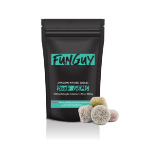 visualizes packaging for sour gems magic mushroom edibles by Funguy